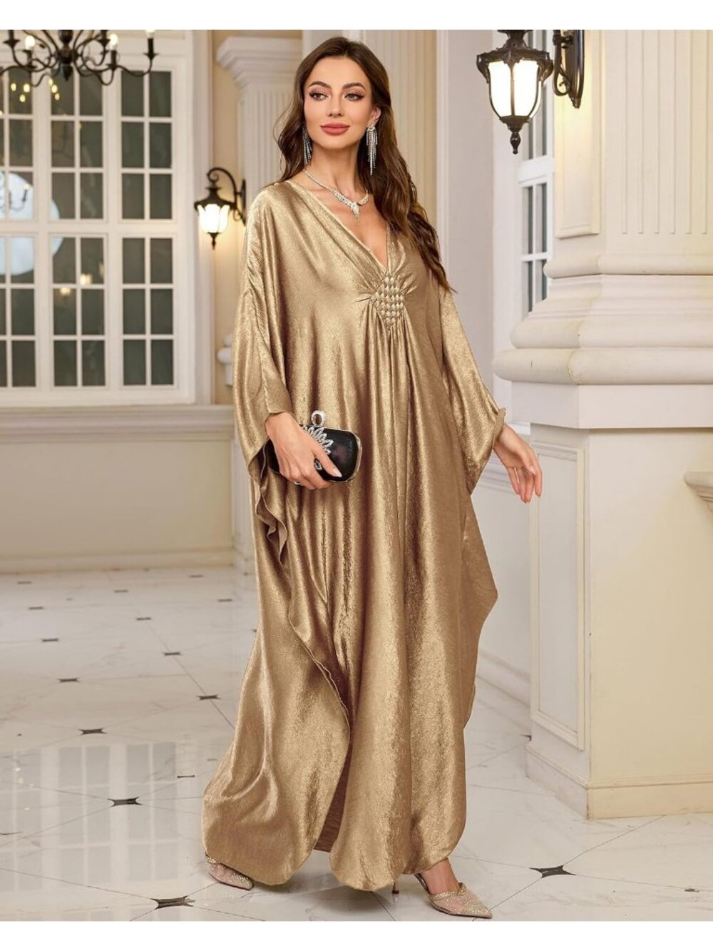 Women's Plus Size champagne Kaftan Maxi Dress V Neck Batwing Swimsuit Cover Up - Picture 3 of 6